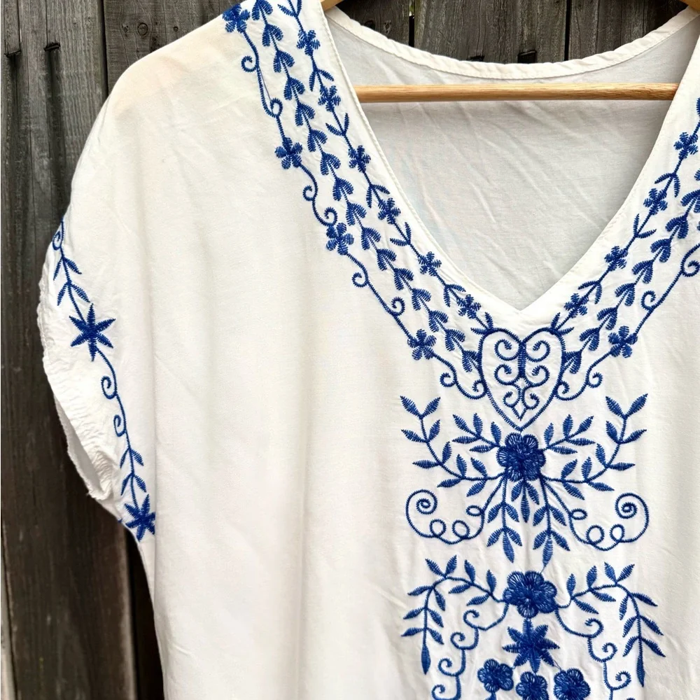 White and Blue Embroidered Maxi Dress - Picture 3 of 3
